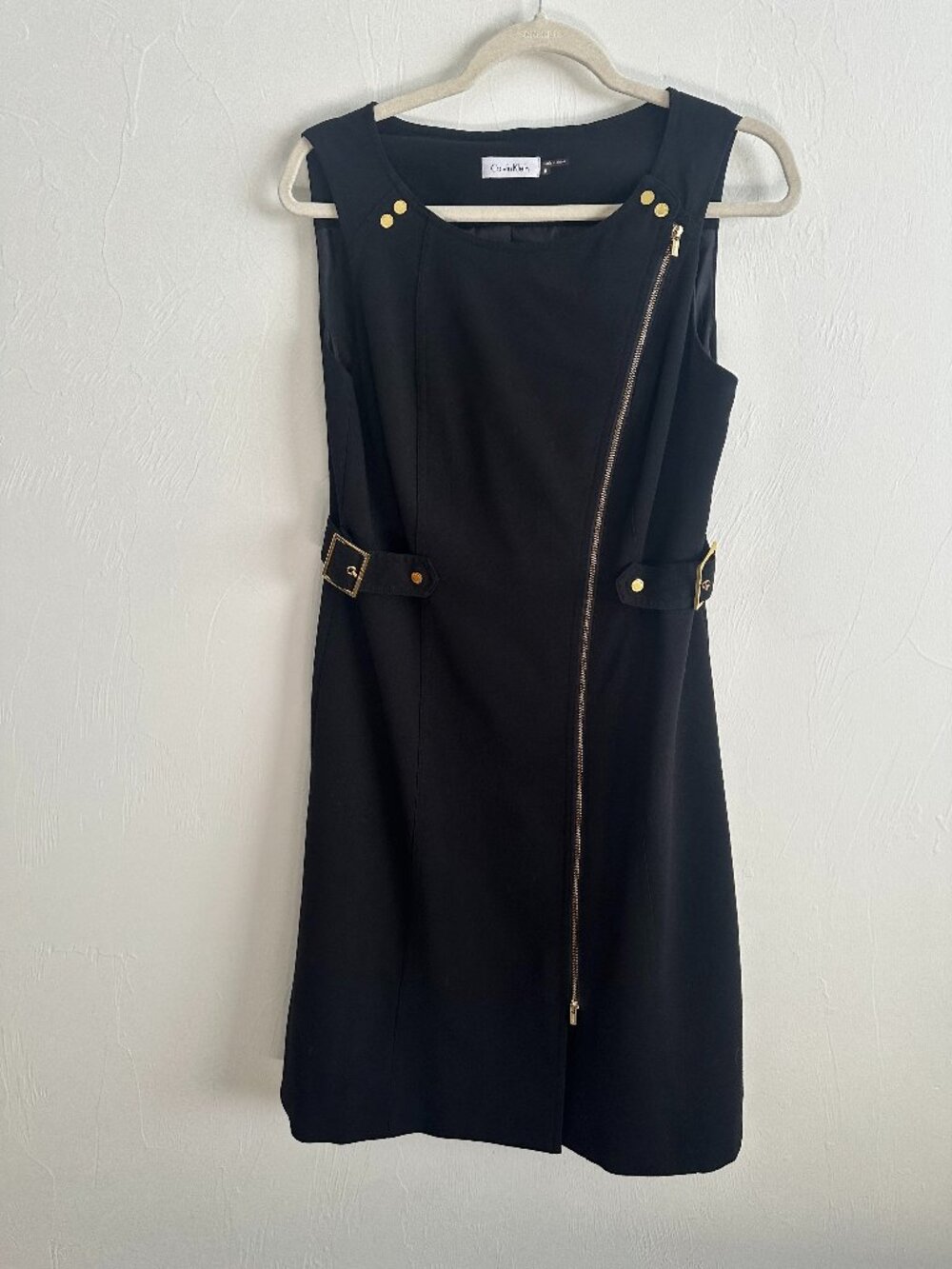 Calvin Klein Black Sleeveless Asymmetric Zip Accent Sheath Dress Gold Hardware 8